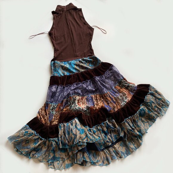Vintage Y2K Cache Boho Tiered Patchwork Maxi Dress Brown Silk Blend Size 6 - Picture 8 of 11